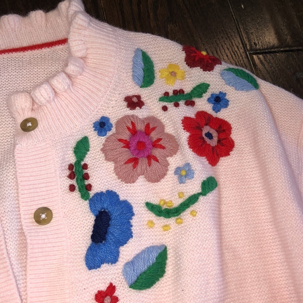 BODEN embroidered frill knit sweater cardigan blooming pink size large - Picture 13 of 16